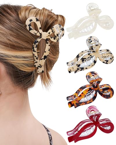 Mesovor 4 Pack Elegant Bow Hair Claw Clips, Nonslip 4.3" Large Hair Grip Hairclips for Thin and Thick | Acrylic Hair Strong Hold Hair Jaw Clamps (Cherry Red, Beige, Leopard) - color: Cherry Red, Beige, Leopard