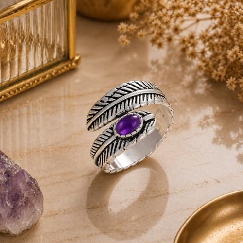 Silver Plated Feather Ring | 925 Silver Adjustable Open Ring | Vintage Leaf Design Inspirational Jewelry for Men & Women | Hypoallergenic Boho Statement Ring - color: Amethyst