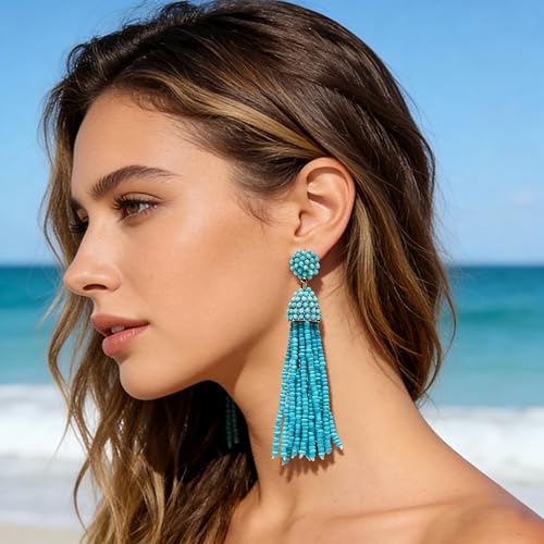 NLCAC Women's Beaded tassel earrings Long Fringe Drop Earrings Dangle 6 Colors - color: turquoise