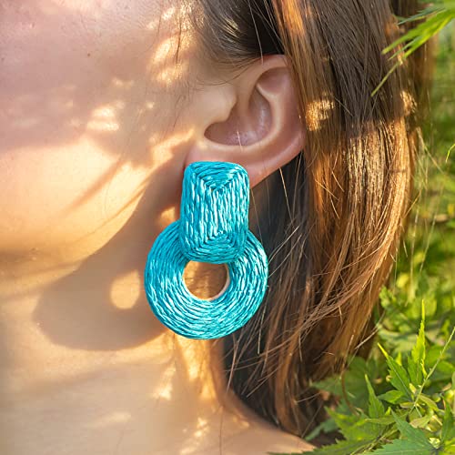 Statement Raffia Earrings Cute Boho Earrings Rattan Dangle Earrings Handmade Straw Wrap Earrings Summer Drop Dangling Earrings for Women Teen Girls - color: Blue