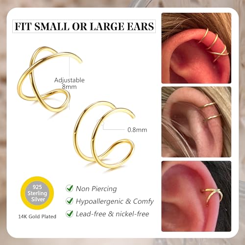 MILACOLATO 4Pcs 925 Sterling Silver Ear Cuffs for Women 14K Gold Plated Adjustable Ear Cuffs Non Piercing Minimalist Ear Cuff Earrings Fake Helix Cartilage Clip on Earrings Hypoallergenic - color: Gold