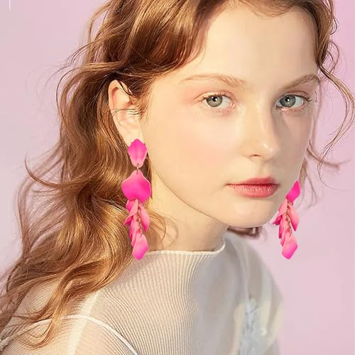 Long Acrylic Rose Petal Earrings Dangle Exaggerated Flower Earrings Drop Statement Floral Tassel Earrings for Women - color: Pink + Hot Pink