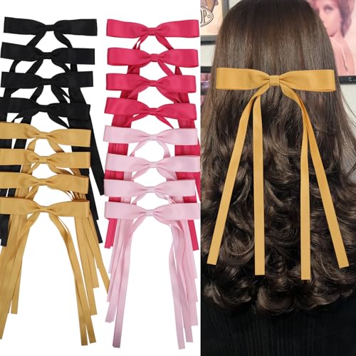 WORTL Hair Bows Clips Coquette Ribbon Bowknot with Long Tail Princess Hair Bows French Barrettes Hair Accessories for Women Girls 16PCS (Rose red, Pink, Yellow, Black) - color: Rose red, Pink, Yellow, Black