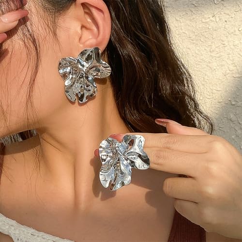 Statement Chunky Gold Large Silver Earrings for Women Trendy, Big Irregular Geometric Dainty Liquid Metal Stud Earrings Simple Prom Party Jewelry Gift - color: Silver -Cute