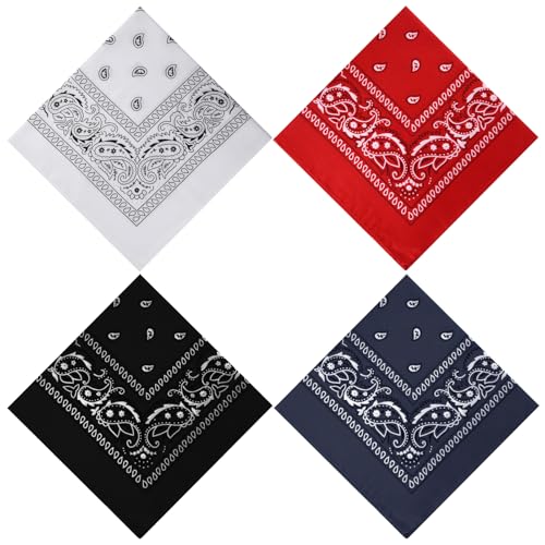 PLULON Bandanas for Men Women 4/12/24/30 Pack, Paisley Pattern Bandana Bulk Headbands Handkerchief Face Mask 100% Polyester - color: 4 Colors