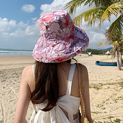 HUAMULAN Women Summer Sun Hat Wide Brim Wired Edge Floral Beach Bucket Hats Reversible Foldable Travel UV Protection Lady Hat - color: M1744-jiuhong