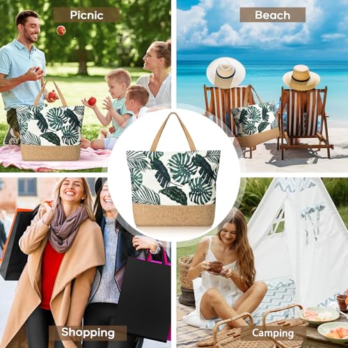 Trifabricy Beach Bag for Women, Large Beach Tote Bags with Zipper, Woven Straw Tote Waterproof, Swim Gym Shopping Travel Bag - color: Navy Leaves