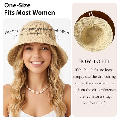 Straw Bucket Hat for Women Foldable Summer Beach Sun Hats Wide Brim Crochet Floppy Hat for Vacation Travel Shade & Style - color: Beige-b