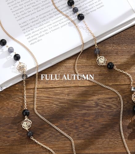 FULU AUTUMN Boho Gold Long Necklaces for Women Natural Stone Beaded Layered Long Necklace Mothers Day Gifts Dainty Flower Costume Jewelry for Women - color: Black