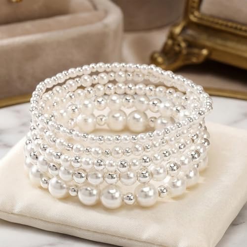 14K Gold Plated Beaded Bracelets Stack Set for Women,Stretch Boho Colorful Beads Ball Jewelry Friendship Summer Trendy - color: Silver pearl