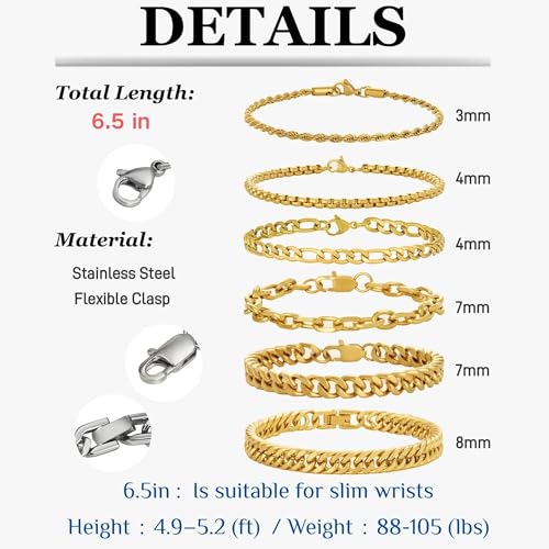 XIANNVXI 6pcs Bracelets for Men Gifts for Him Stainless Steel Bracelet Silver/Gold/Black Cuban Link Rope Paperclip Chain Bracelets Set 6.5/7/7.5/8.3/9 Inches Metal Bracelet Mens Fashion Accessories Jewelry Gifts Set - color: Gold, size: 6.5 in-Women X-Sma