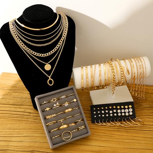 FAXHION 68 Pcs Gold Jewelry Set for Women with 7 Necklace, 17 Bracelet, 5 Hoop Earrings, 15 Stud Earrings, 24 Knuckle Rings for Women Jewelry Set for Women Gift - color: gold jewelry set