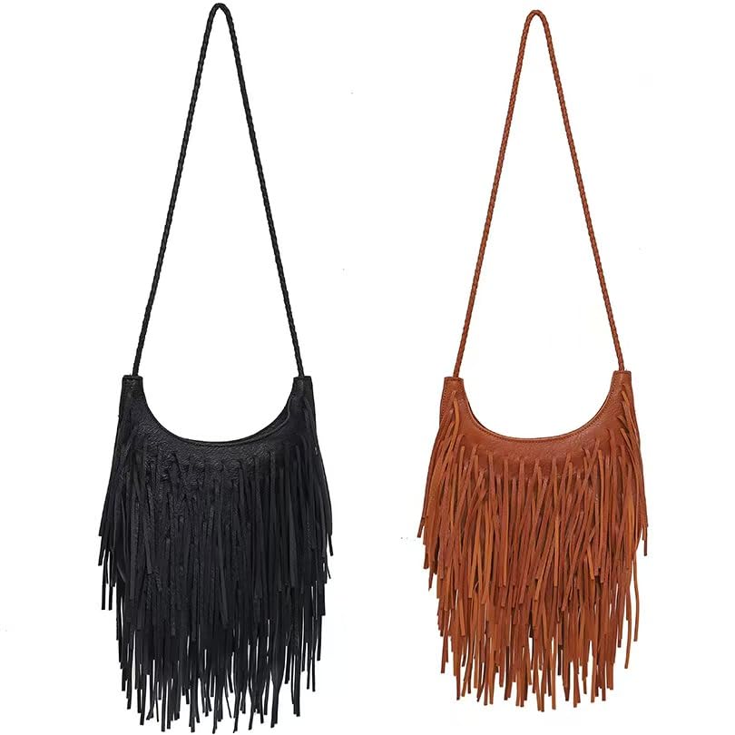 Tassel Shoulder Bag, Vintage Stylish Women PU Leather Bohemian Fringed, Vintage Hobo Crossbody Bag,Fringe Handbag - color: Black Red-3