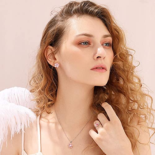 Pink Flower Earrings for Women, 925 Sterling Silver Stud Earrings, Cute Plumeria Earrings For Women, Cherry Blossom Hypoallergenic Stud - color: *White, Black, and Rose Gold
