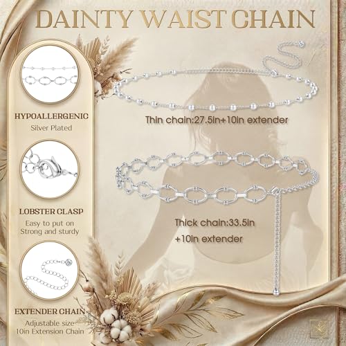 Florideco Waist Chain Belt for Women, Layered Belly Chain, Waterproof Boho Pearl Concho Cuban Body Chain, Adjustable Summer Beach Coachella Fashion Jewelry for Jeans Dresses - style: Silver Plated-Pearl Chain