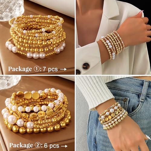 KISS WIFE Bracelets for Women, 13 Pcs Gold Silver Beaded Bracelet Stack with Faux Pearl, Stretch Elastic Strand Ball Fashion Jewelry Set, Adjustable Accessories Gifts - color: Gold