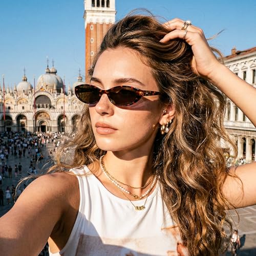 FEISEDY Retro Oval Womens Sunglasses, Trendy Cat Eye Skinny Chic Narrow Y2K 90s Small Sunnies B9177 - color: Leopard Frame - Brown