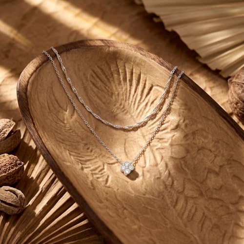 Dainty Gold Necklaces for Women Trendy Non Tarnish 14K Gold Plated Cubic Zirconia Necklace Layered Simple Cute Four Leaf Clover Choker Jewelry Birthday Gifts - color: Silver, style: Layered CZ