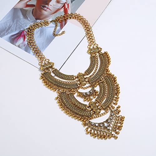 YAZILIND Clavicle Chunky Bib Necklace Layered Tassels Rhinestone Exaggerated Vintage Ethnic Long Engraved Bohemian Statement - color: Ancient gold