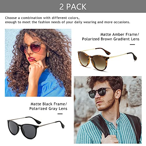 SUNGAIT Premium Vintage Round Sunglasses for Women Men Classic Retro Trendy Style - color: 2 Pack (Polarized): Matte Black/Gray+matte Amber/Brown Gradient