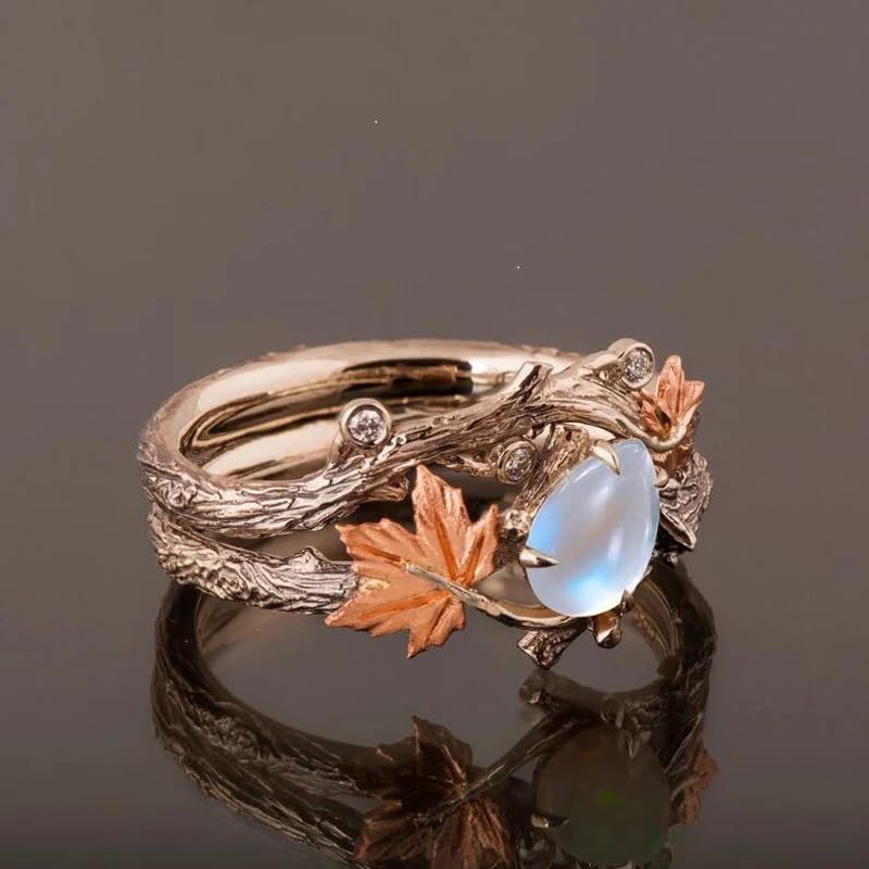 Retro Teardrop Synthetic Moonstone Maple Leaf Ring for Women Daily Banquet Vacation Unique Jewelry - color: Copper Brown