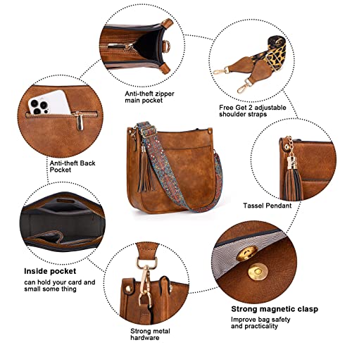 HKCLUF Crossbody Bag Purse for Women 2PCS/Set Leather Hobo Handbag Wallet Set With 2Adjustable Guitar Strap Shoulder Bag | Purse - color: 02 Brown