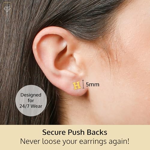 14k Gold Small Script Initial Letter Stud Earrings for Women | Anti Tarnishing 5mm 14k Gold Studs | A-Z Alphabet Earrings with Gift Box by MAX + STONE - style: H | Yellow Gold
