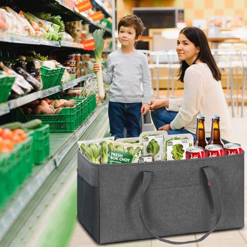 LHZK 2 Pack Extra Large Utility Tote Bag with Metal Wire Frame and the Sides Rinforced, Extra Large Tote Bag with Handle, Reusable Grocery Bags Foldable, Beach Bag, Car Tote (Gray, 26''x15''x13'') - color: Dark Gray, size: 26''x15''x13''-2 Pack