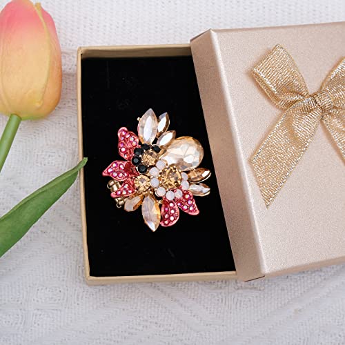 CSY Luxury Women's Austrian Crystal Leaves Flower Big Cocktail Statement Rings Stretch Adjustable Ring Jewelry Accessories - color: red and champagne