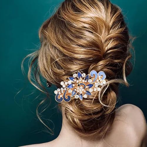 NYKKOLA Women's Multilayered Peacock Shaped Rhinestone French Barrette Hair Clip Blue - color: Blue