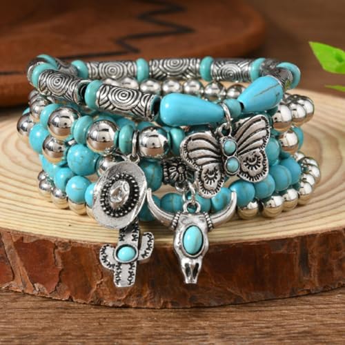 Long tiantian Western Turquoise Beaded Bracelet Set for Women Stackable Cowgirl Bracelets Boho Concho Jewelry Country Concert Rodeo Outfit Accessories Gifts - color: A4:turquoise bracelet for women