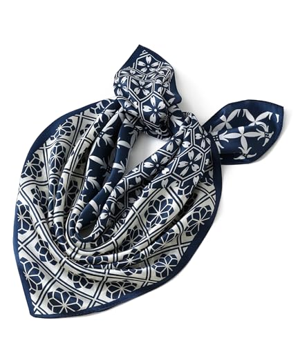 STARWHISPER 100% Pure Mulberry Silk Square Scarf-27''x27 Lightweight Hair Scarves Headscarf Night Sleeping with Gift Packed - color: Navy Bloom Mix