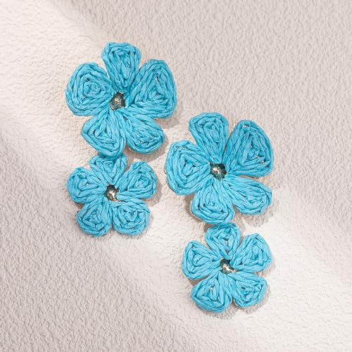 Boho Flower Earrings Statement Raffia Dangle Earrings Cute Floral Jewelry Trendy Summer Beach Vacation Outfits for Women - color: Blue