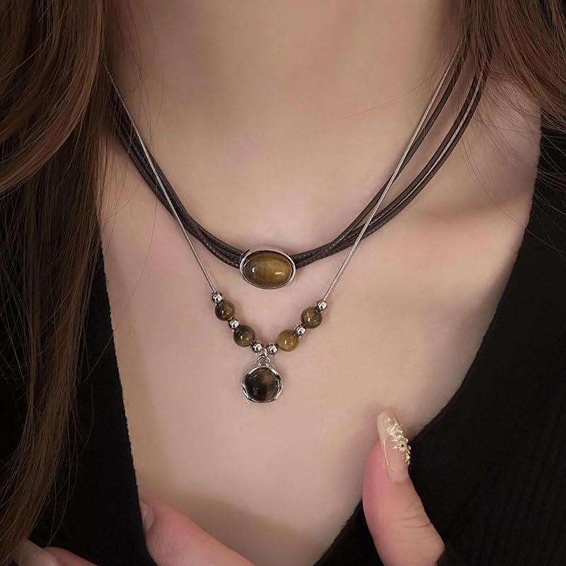 Tiger Eye Necklace for Women Vintage Gold Tiger Eye Brown Stone Pendant Layered Stack Beaded Necklace Elegant Vintage Boho Jewelry - style: SetC