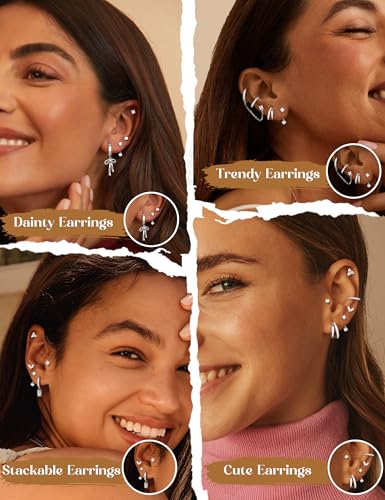 ORAZIO Small Hoop Stud Earrings Stacks for Women 14K Gold Plated Silver Huggie Hoops Cartilage Hypoallergenic Chain Cute Dangle Earrings Set for Multiple Piercings Jewelry - color: Silver Plated Earrings