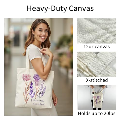 itgowisa Canvas Tote Bag for Women, Tote Bag with Zipper Inner Pocket, Zippered Canvas Bag for Shopping Work Grocery Everyday - style: Romantic Healing Style
