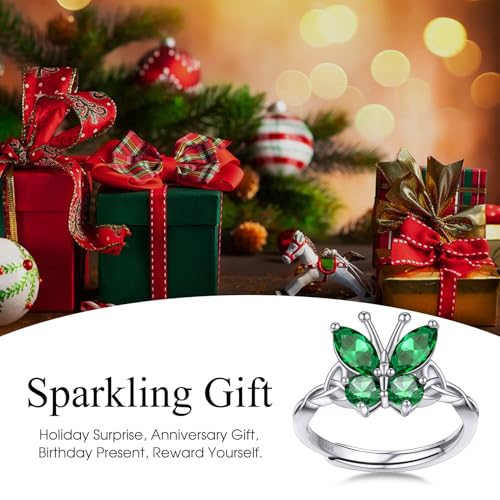Bestyle 925 Sterling Silver Butterfly Ring Hypoallergnic Adjustable Birthstone Rings for Women Butterfly Jewelry Gifts for Anniversary Mothers' Day Birthday - color: 05.May(Emerald)-TOP