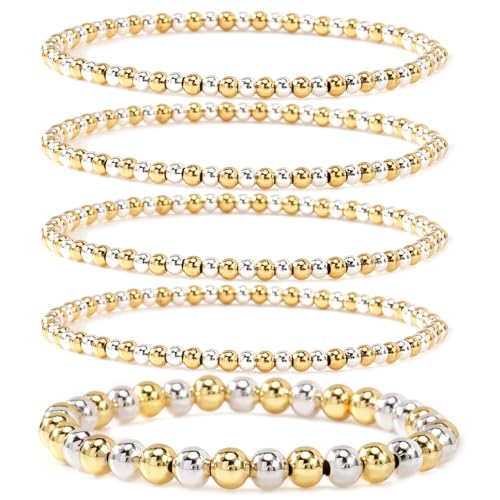 Gold Bracelets for Women Stackable 14K Gold Silver Plated Beaded Bracelets Stack Elastic Stretch Non Tarnish Bead Ball Stack Stretch Adjustable Dainty Jewelry Trendy Prom Gifts for Women - color: Gold and silver