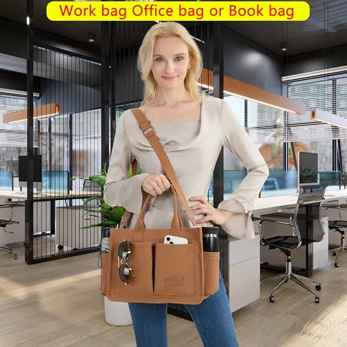 ZHMO Canvas Tote Bag for Women,Women's Bags Crossbody Bags Work Laptop Tote Bag Large Handbags Purse for Travel Nurse Teacher - color: New Upgrade Brown With Compartments and Side Cup Holders