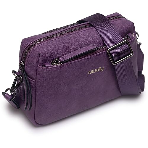 Alldaily Small Triple Zip Crossbody Purse for Women, Vegan Leather Phone Bag with Wide Shoulder Strap - color: Purple
