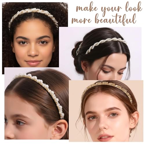 6 Pcs Pearl Headbands for Women, Thin Gold Metal Faux Pearl Hair Bands, Sparkly Rhinestone Crystal Beaded Hair Hoops, Elegant Bridal Wedding Hair Accessories for Girls - color: Pearl Rhinestone