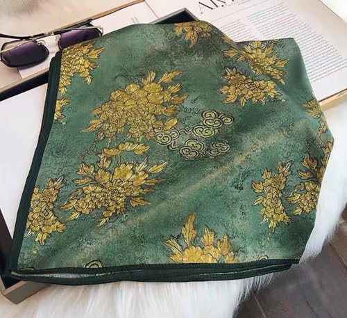 JERLA 100% Pure Mulberry Silk Square Scarf for Hair-27''x27'' Women Men Natural Silk Neckerchief Headscarf - color: Green and Yellow Flower