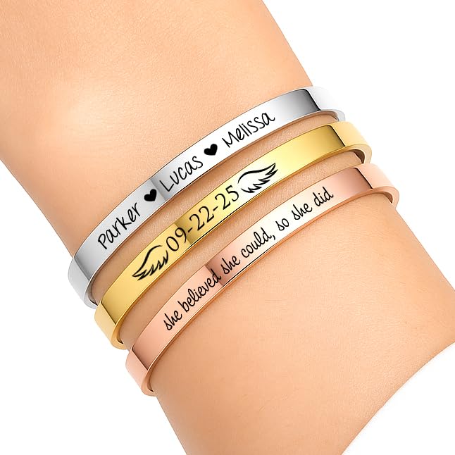 Personalized Stainless Steel Cuff Bracelet for Men & Women | Custom Engraved, Adjustable Bangle, Silver, Gold, Rose Gold, Black, or Rainbow, Front & Back Engraving