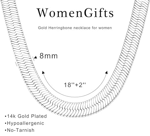WomenGifts 14K Gold Silver Plated Herringbone Necklace for Women, Dainty Snake Chain Choker, Trendy Simple Long Layered Jewelry Non Tarnish, 3/4/5/8mm,14,16,18,20,22,24,26 Inch Thin & Chunky Options - color: Silver, style: 8mm-18inch