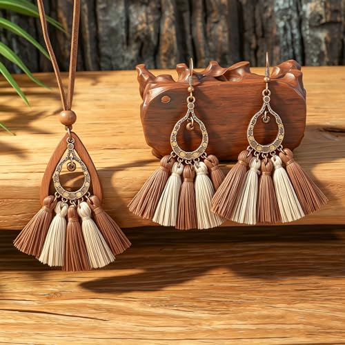 Wooden Leather Necklaces Set Bohemian Wood Stack Discs Long Chain Hemp Rope Bronze Plated Pendant Ethnic Tribal Fall Leaf Earrings Jewelry Statement Necklace - color: R-039