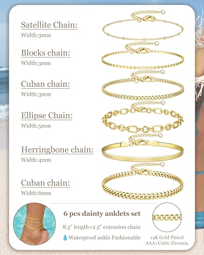 Besteel Ankle Bracelets for Women Waterproof - 14K Gold Plated Non Tarnish Layered Cuban Link Chain Rope Figaro Herringbone Anklets Set Plus Size Anklet Summer Foot Jewelry Gift Adjustable 8-12 Inch - style: 6 Pcs Gold Bead-8.5+2.5 Inch