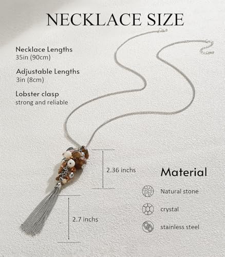 Noessla Boho Long Pendant Necklaces for Women Silver Tassel Long Necklace Sweater Chain Mothers Day Gifts Silver Costume Jewelry for Women - color: Brown
