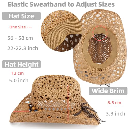 Straw Cowboy Hat, Western Cowgirl Hat, Wide Brim Sun Beach Hat for Men and Women - color: Khaki-m27