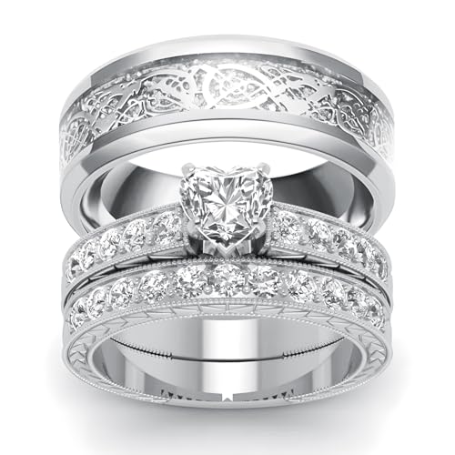 3Pcs Moissanite Wedding Rings Sets for Couples, s925 10K 14K 18K Real Gold Wedding Rings Sets for Him and Her, Customized Matching Engagement Bands Set for Men and Women Free Engraving - style: Style-1