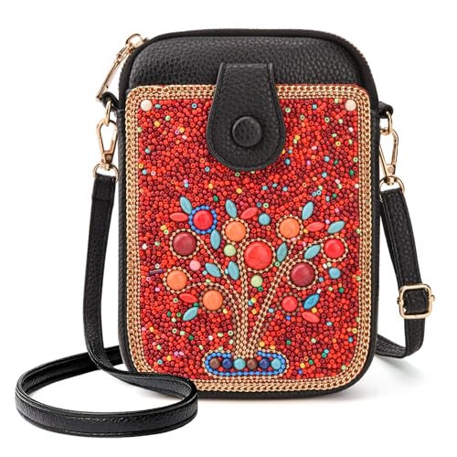 Women's Small Crossbody Cell Phone Bag, Boho Colorful Beaded Purse Wallet with Handmade Cute Patterns - color: Tree-red